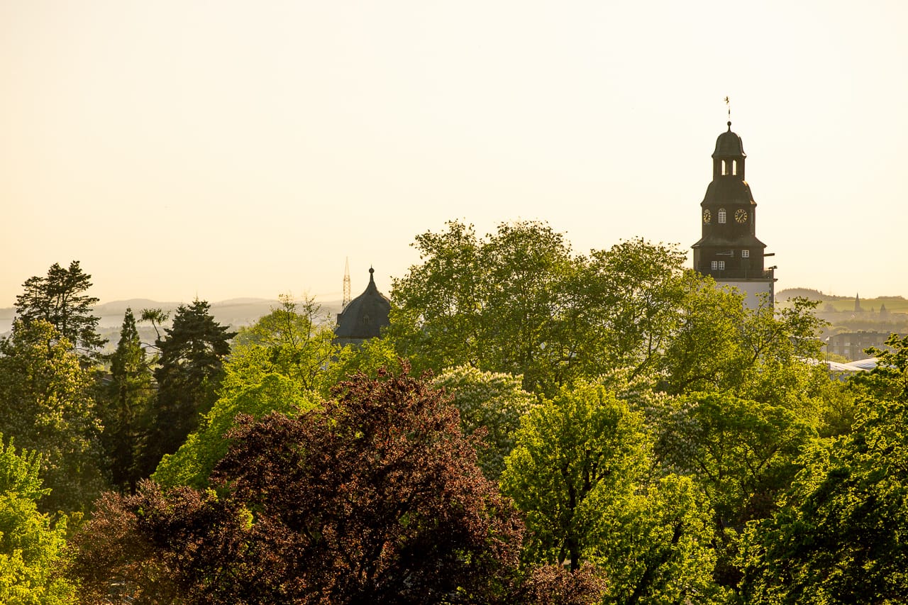 Abendsonne über dem Botanischen Garten und dem Stadtkirchenturm
